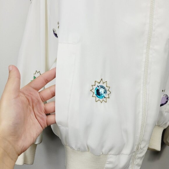 Minimalist Neutral White pearl embellished Embroidered Zip Up Jacket size M - Picture 9 of 15